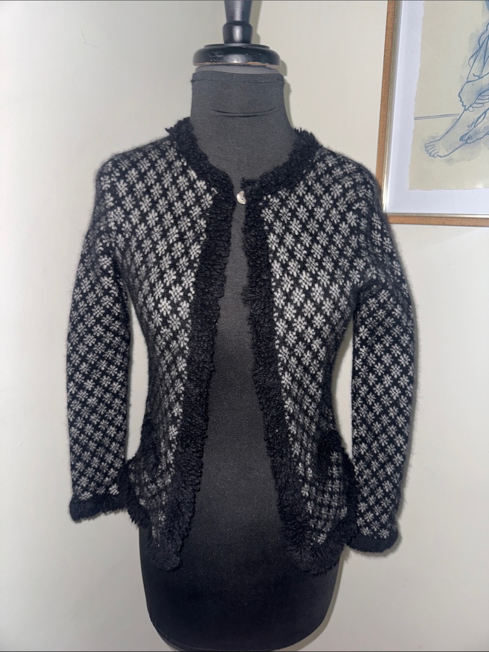 SUTTON STUDIO CASHMERE BLACK AND WHITE PETITE CARDIGAN SWEATER SMALL